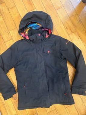 Roxy Girls' Black Hooded Puffer Jacket with Colorful Liner